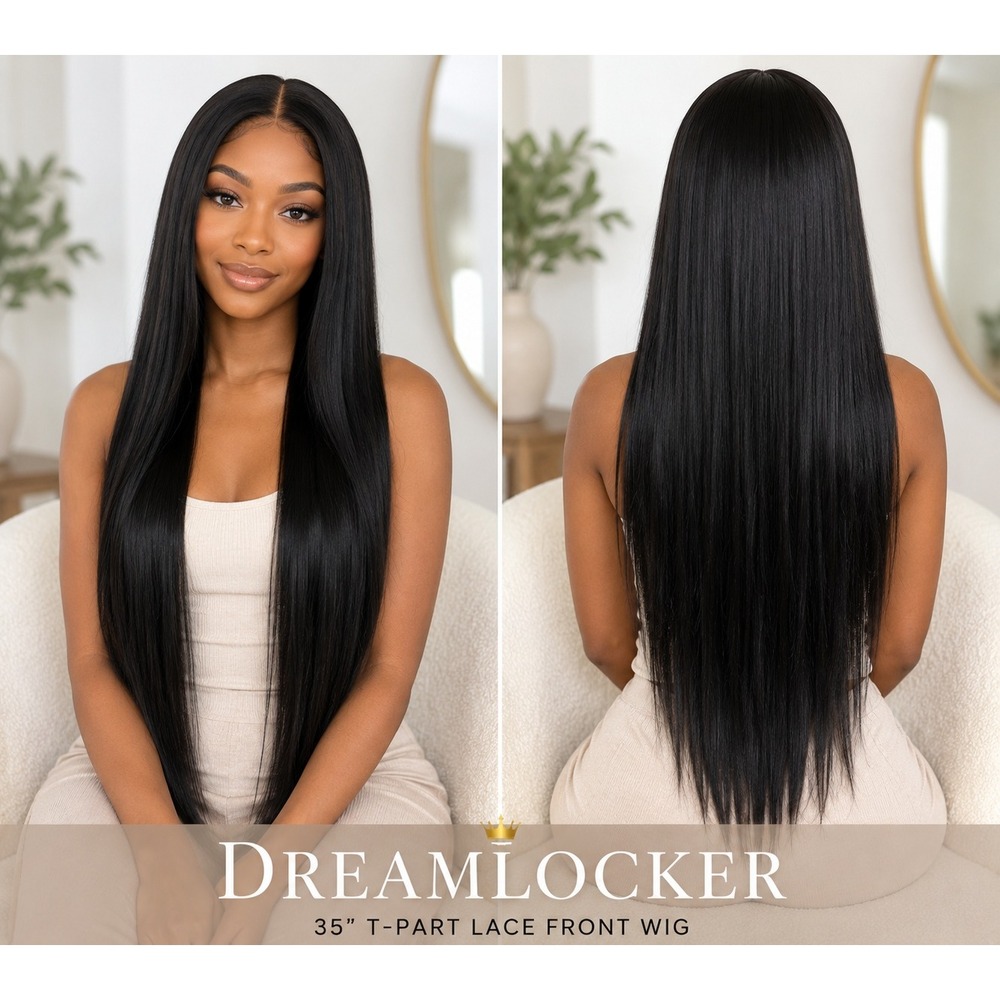 35" Long Straight Black T Part Lace Front Wig Heat Resistant Synthetic Hair 35"
